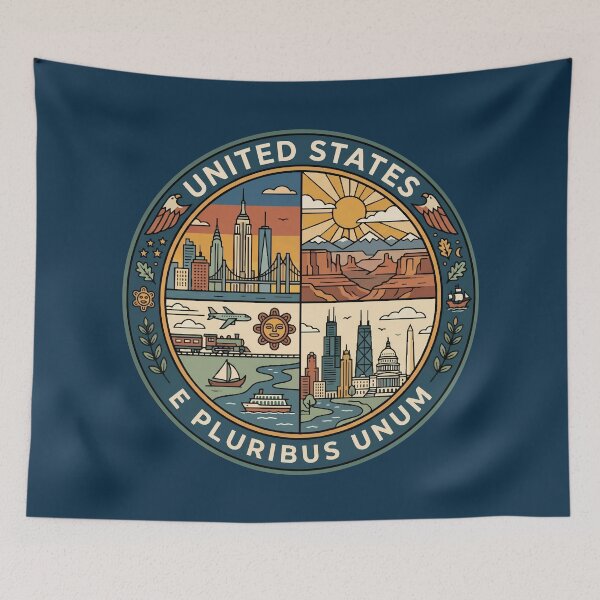 Item preview, United States Landmarks Illustration Travel Art Badge designed and sold by KrisSidDesigns.