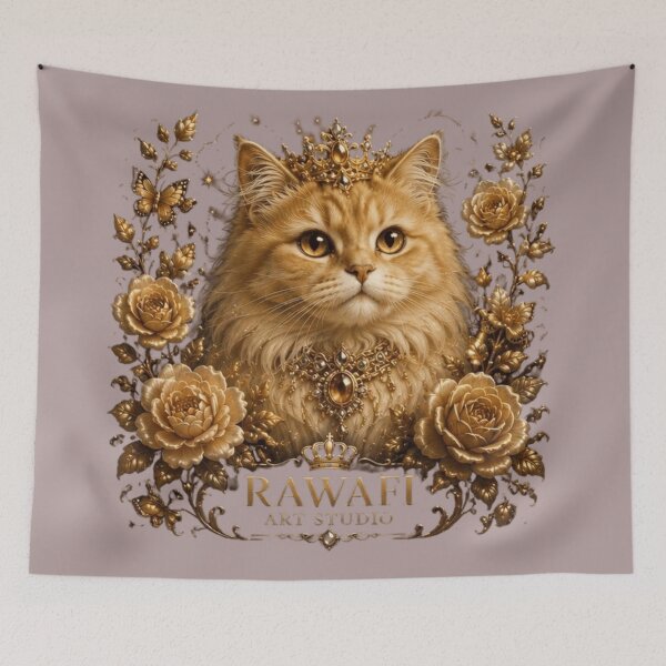 Item preview, Golden Royal Persian Cat | Elegant Crown & Floral Portrait designed and sold by Rawafi Art Studio.