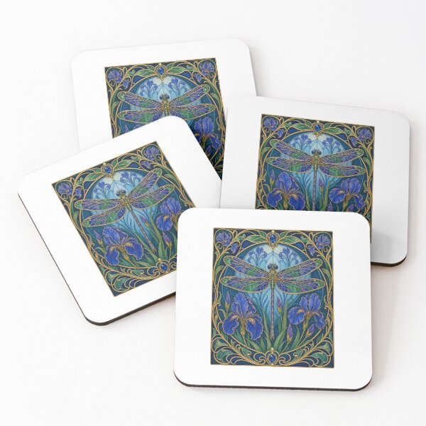 Item preview, Art Nouveau Dragonfly Iris Blue and Purple Floral designed and sold by AntiqueImages.
