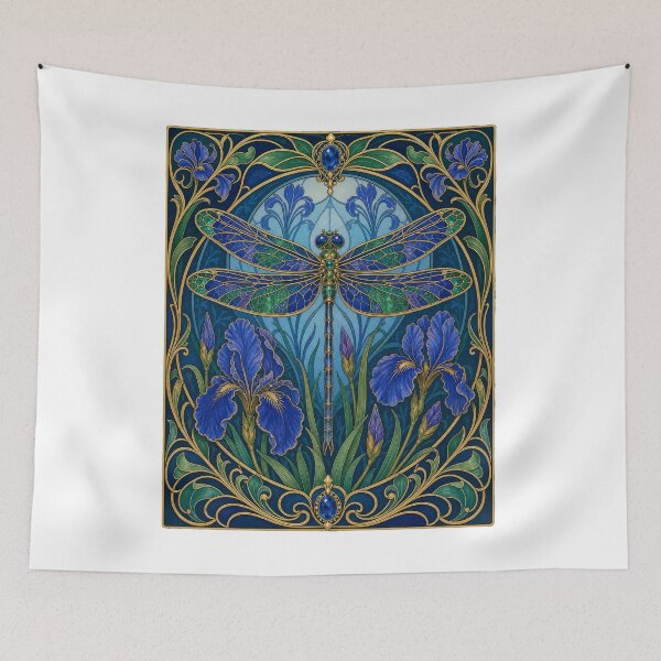 Item preview, Art Nouveau Dragonfly Iris Blue and Purple Floral designed and sold by AntiqueImages.