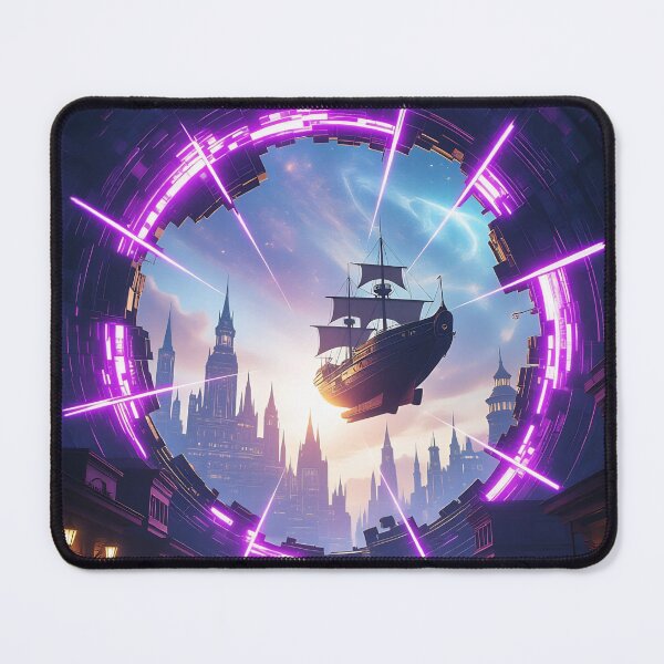 Item preview, Futuristic Portal Over City With Flying Sailing Ship and Silhouetted Figures Walking Through Neon Arch designed and sold by LisaMise.