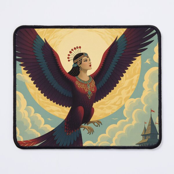 Item preview, Mythical Sirin Bird-Woman Flying Before a Golden Moon Over Castle Ruins — Folk Art Fantasy Illustration designed and sold by LisaMise.