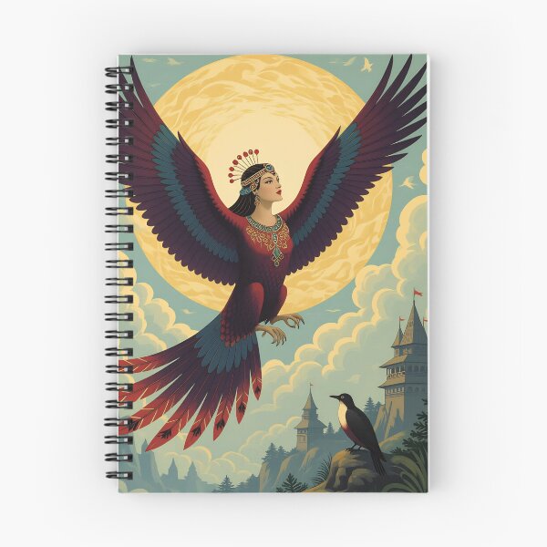 Item preview, Mythical Sirin Bird-Woman Flying Before a Golden Moon Over Castle Ruins — Folk Art Fantasy Illustration designed and sold by LisaMise.