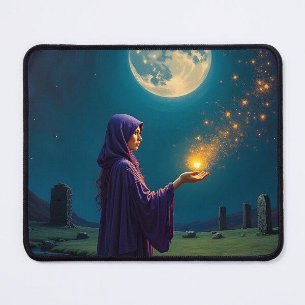Item preview, Mystic Woman in Purple Cloak Holding Glowing Magic Orb Under Full Moon Over Stone Circle designed and sold by LisaMise.