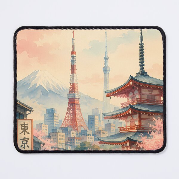 Item preview, Tokyo Japan Travel Poster Vintage Watercolor Wall Art Tokyo Tower Mount Fuji Japanese City Print designed and sold by Art-Selling.