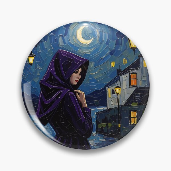 Item preview, Mysterious Woman in Hooded Cloak on Moonlit Street with Lanterns and Mosaic Sky designed and sold by LisaMise.