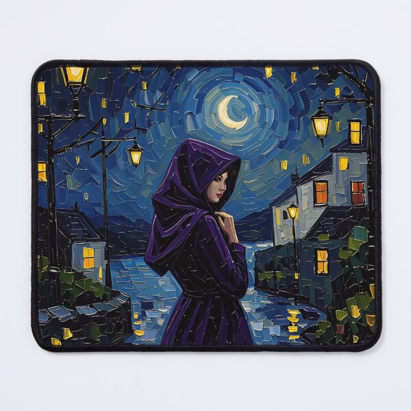Item preview, Mysterious Woman in Hooded Cloak on Moonlit Street with Lanterns and Mosaic Sky designed and sold by LisaMise.