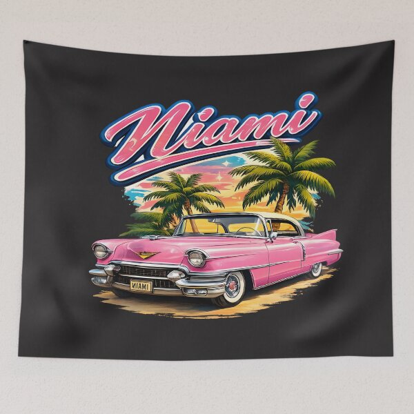 Item preview, Miami Sunset Cadillac – Retro Pink Classic Car & Palm Trees Vintage Design designed and sold by Les-Ink-Studio.