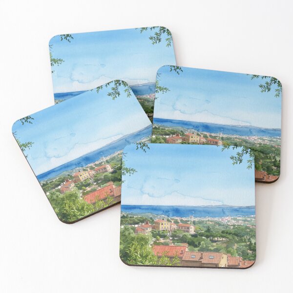 Item preview, Var Coastal Village Panorama in Watercolor Style — Digital Art Transformation from Real Photography by M.A.L.K designed and sold by M.ALK.Watercolor.