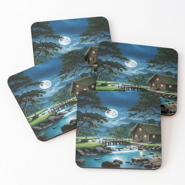 Item preview,  Moonlight Cabin River Waterfall | Dreamy Night Landscape designed and sold by Rawafi Art Studio.