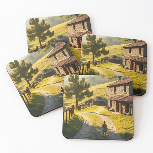 Item preview, Young Girl Walking Down Country Lane Past Stone Farmhouse and Horses at Golden Sunrise designed and sold by LisaMise.
