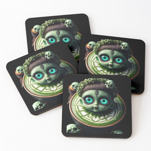 Item preview, Cosmic Coffeehouse Matcha Latte Witch with Glowing Green Eyes designed and sold by LujziWorld.