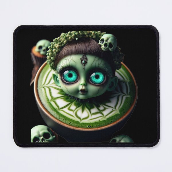 Item preview, Cosmic Coffeehouse Matcha Latte Witch with Glowing Green Eyes designed and sold by LujziWorld.