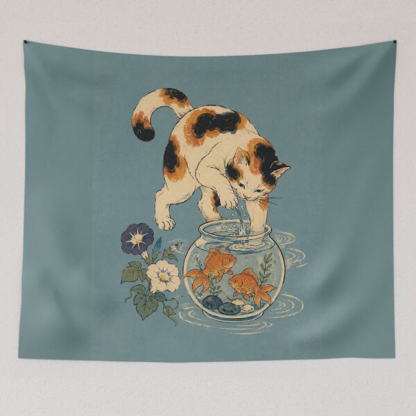 Item preview, Calico Cat & Goldfish Bowl - Japanese Ukiyo-e Woodblock Cat Art designed and sold by Planthem.
