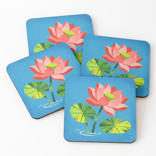 Item preview, Lotus Flower Retro Illustration — Pink Lotus & Lily Pads on Blue designed and sold by bloom&trowel.