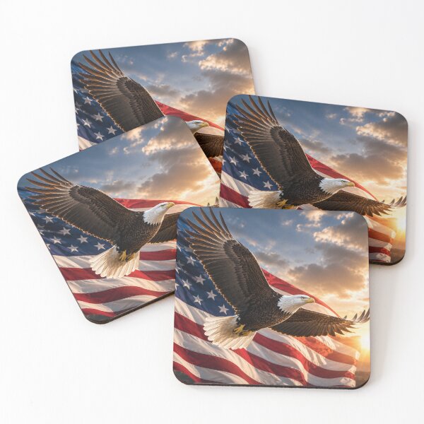 Item preview, Majestic Bald Eagle and American Flag at Sunrise – Patriotic USA Wall Art Print designed and sold by Hookesmode.