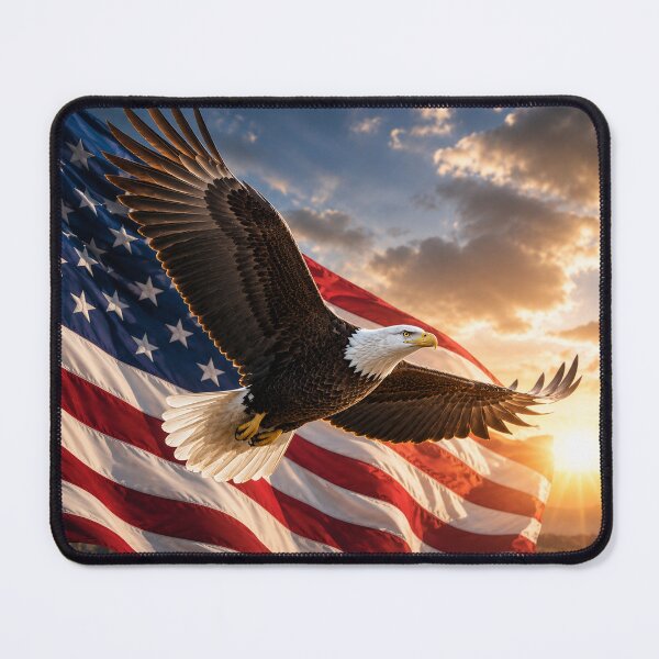 Item preview, Majestic Bald Eagle and American Flag at Sunrise – Patriotic USA Wall Art Print designed and sold by Hookesmode.