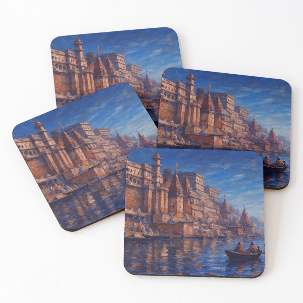 Item preview, Oil Painting of Ancient Varanasi Ghats and Boats on the Sacred Ganges River designed and sold by ARTCREATESHOP.