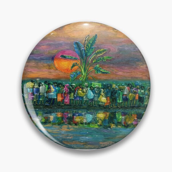 Item preview, Oil Painting of Travelers Walking at Sunset by River with Banana Tree Reflections designed and sold by ARTCREATESHOP.