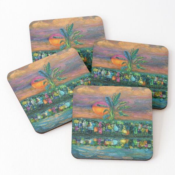 Item preview, Oil Painting of Travelers Walking at Sunset by River with Banana Tree Reflections designed and sold by ARTCREATESHOP.