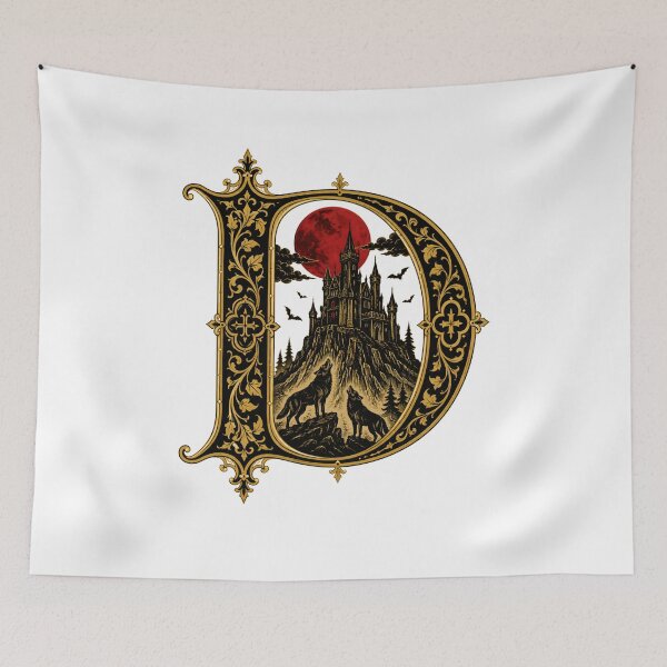 Item preview, Ornate Gothic Letter D Castle Dracula Howling Wolves Art designed and sold by Fenay Designs.