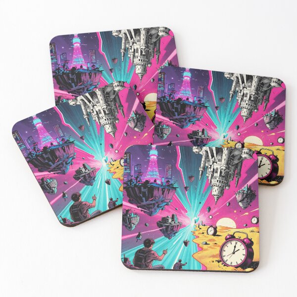 Item preview, Surreal Neon City and Floating Islands With Giant Clocks Symbolizing Time and Adventure designed and sold by LisaMise.