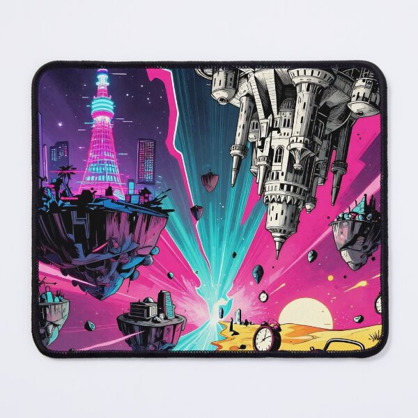 Item preview, Surreal Neon City and Floating Islands With Giant Clocks Symbolizing Time and Adventure designed and sold by LisaMise.