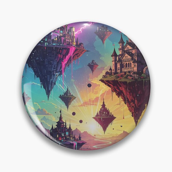 Item preview, Floating Islands With Futuristic City and Castle Over Neon Desert River at Sunset designed and sold by LisaMise.