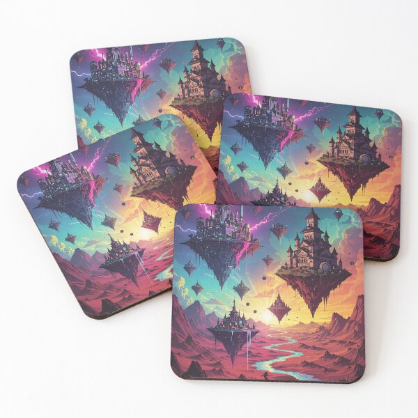Item preview, Floating Islands With Futuristic City and Castle Over Neon Desert River at Sunset designed and sold by LisaMise.