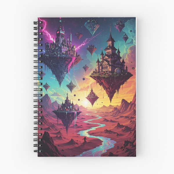 Item preview, Floating Islands With Futuristic City and Castle Over Neon Desert River at Sunset designed and sold by LisaMise.