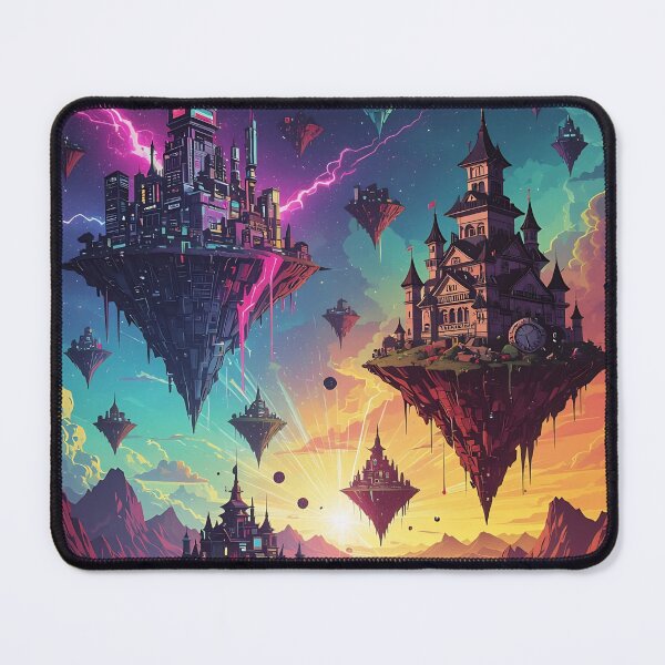 Item preview, Floating Islands With Futuristic City and Castle Over Neon Desert River at Sunset designed and sold by LisaMise.