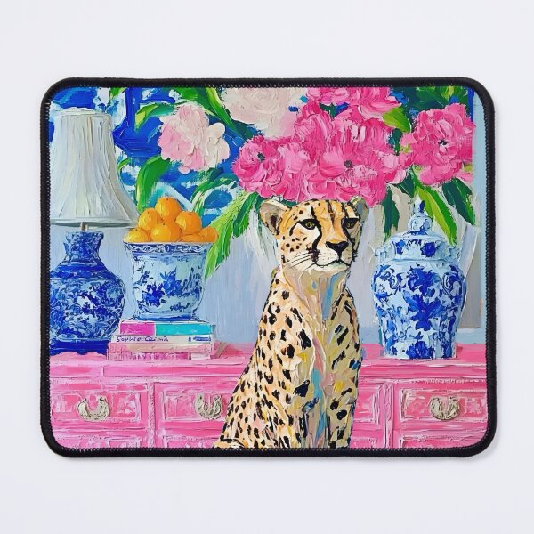 Item preview, Cheetah in a preppy pink interior designed and sold by SophieClimaArt.