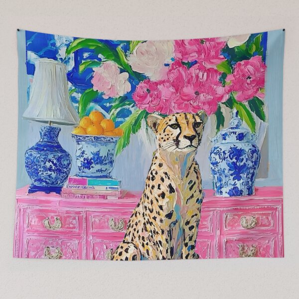 Item preview, Cheetah in a preppy pink interior designed and sold by SophieClimaArt.