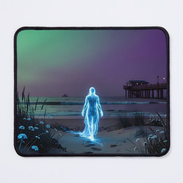 Item preview, Mystical figure illuminated by the Northern Lights against the dark sea designed and sold by VoidVeilStudio.