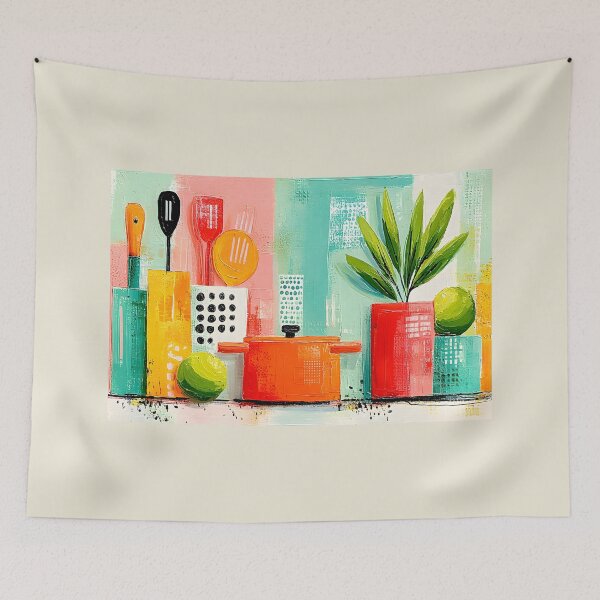 Item preview, Kitchen Countertop Harmony - Colorful Utensils Fresh Greenery and Vibrant Geometric Style designed and sold by OlfactoART Studio.