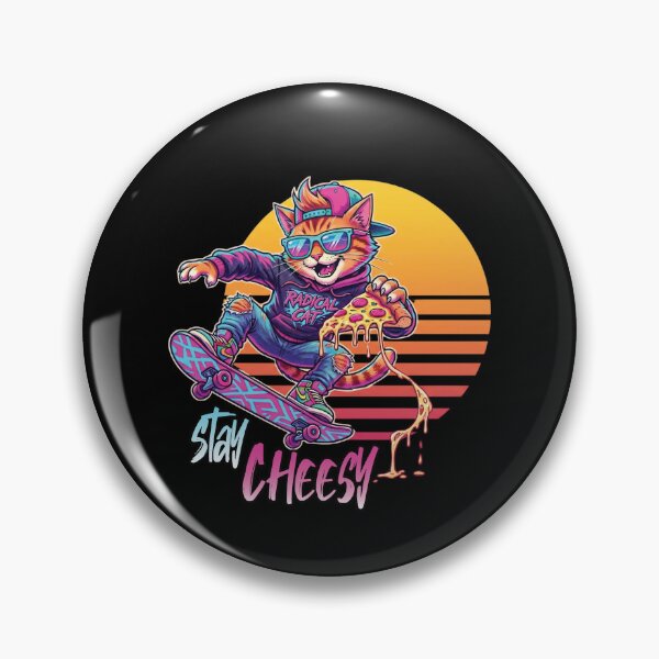Item preview, Radical Skater Cat Stay Cheesy Retro 80s 90s Neon Pizza designed and sold by Ink & Void Co..