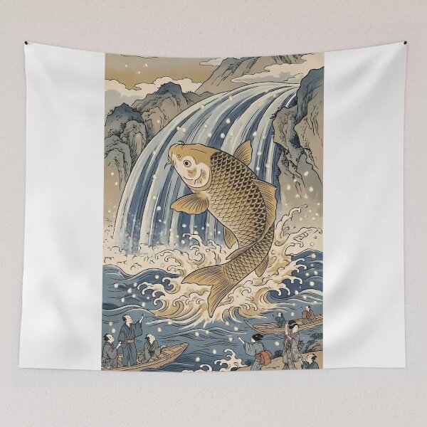 Item preview, Lucky Koi Fish Leaping Up Waterfall Ukiyo-e Art designed and sold by TokyoUkiyoHouse.