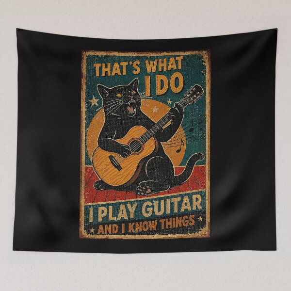 Item preview, Vintage Black Cat Playing Guitar Retro Musician Folk designed and sold by eliramaison.