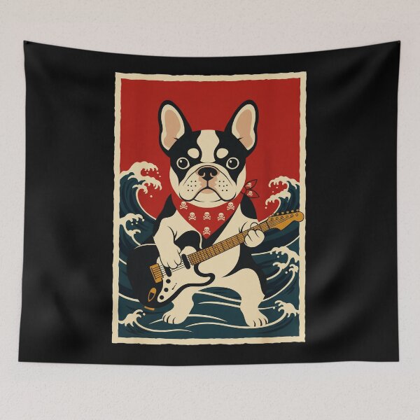 Item preview, French Bulldog Guitar Player Riding Ocean Waves Retro designed and sold by JordynLadukeg65.