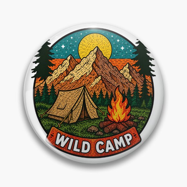 Item preview, Wild Camp Mountain Camping Retro Badge Illustration designed and sold by bosamji.