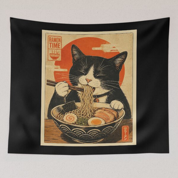 Item preview, Happy Ramen Cat in Vintage Japanese Style designed and sold by eliramaison.