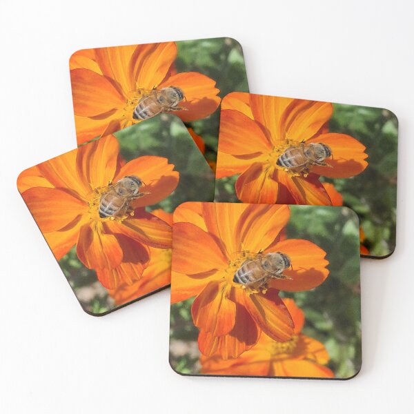 Item preview, Full on bee resting on orange flower designed and sold by FABric Photos.
