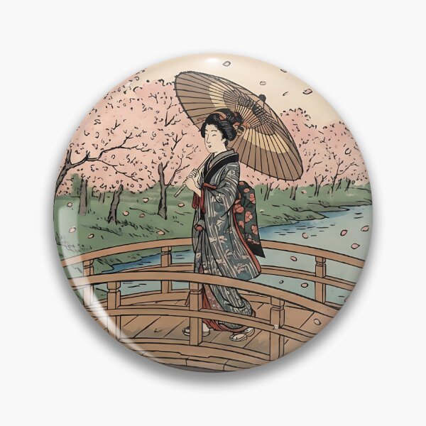 Item preview, Beautiful Geisha and Cherry Blossoms on Wooden Bridge Ukiyo-e designed and sold by TokyoUkiyoHouse.