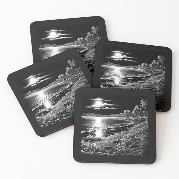 Item preview, Black and White Tropical Moonlit Beach Landscape designed and sold by inkoutninja.