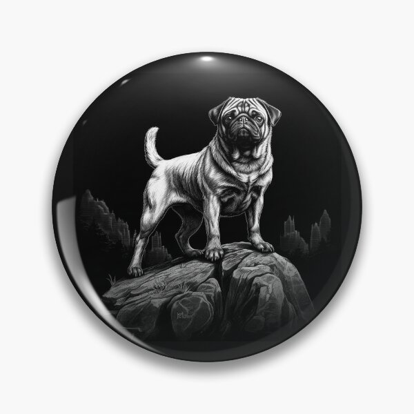 Item preview, Black and White Pug on Mountain Rock Dog Art designed and sold by inkoutninja.
