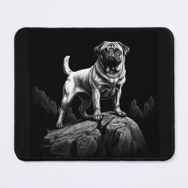 Item preview, Black and White Pug on Mountain Rock Dog Art designed and sold by inkoutninja.