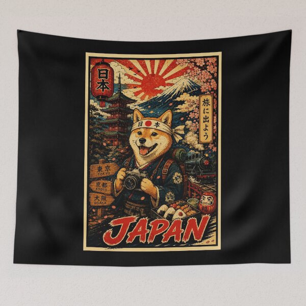 Item preview, Vintage Japan Travel Poster Shiba Explorer Beneath Mount Fuji designed and sold by eliramaison.