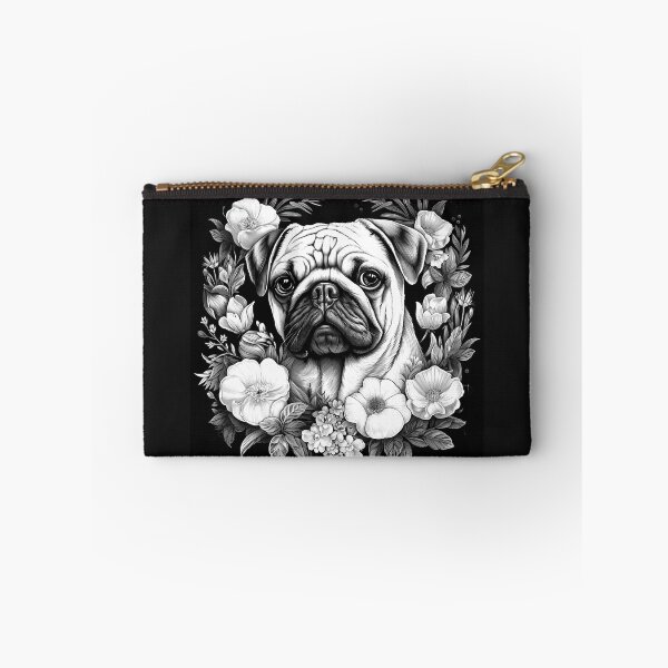 Item preview, Black and White Floral Pug Portrait Dog Art designed and sold by inkoutninja.