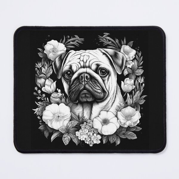 Item preview, Black and White Floral Pug Portrait Dog Art designed and sold by inkoutninja.