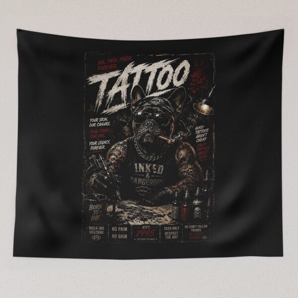 Item preview, Tattooed Bulldog With Dark Ink Studio Vintage Poster Style designed and sold by Modaozushi216.